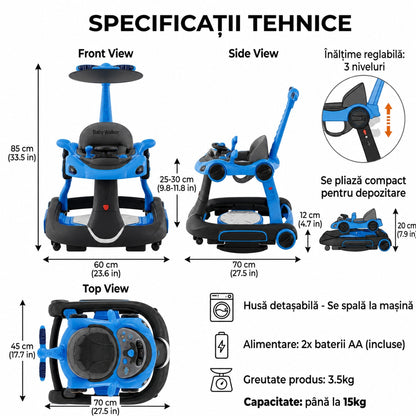 Premergator Invincio Micul Campion Driver, Lumini si 5 Melodii educationale in Limba Romana, multifunctional, antemergator, umbrar si maner control parental, reglabil pe inaltime, roti cu frana de siguranta, albastru negru