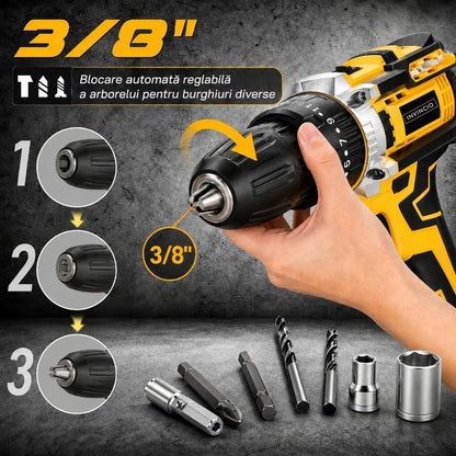Bormasina cu acumulator INVINCIO Profesional, masina de gaurit cu percutie, 2 baterii 2000mAh Li-Ion, 2 trepte 400/2000 RPM, accesorii, 35 Nm, autofiletanta, masina de insurubat, mandrina rapida 0.8–10 mm, surubelnita electrica, cutie BMC