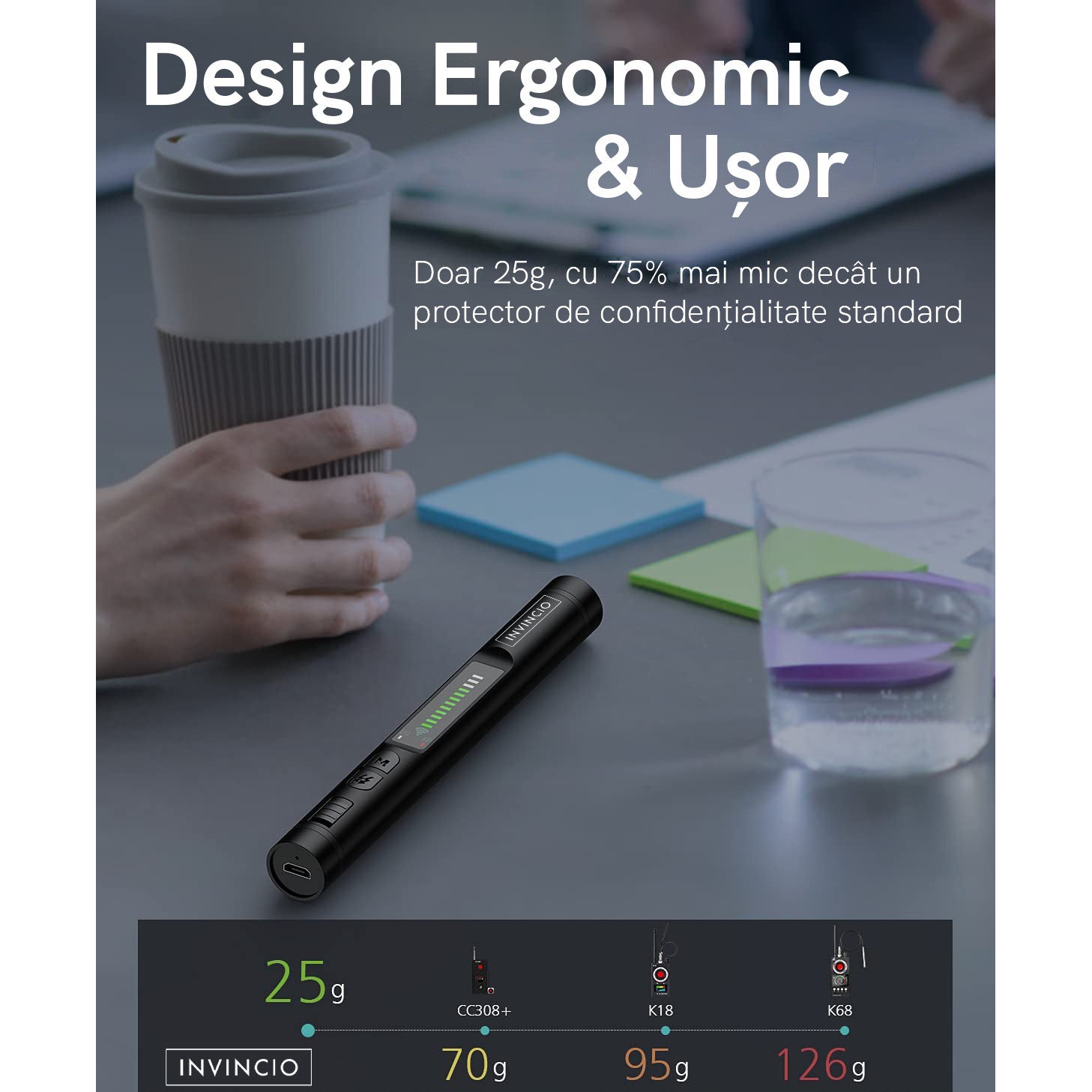 Detector camere si microfoane spion, Invincio, portabil, 12 nivele detectie cu indicator LED si sonor, detecteaza localizatoare GPS/GSM si reportofoane si alte surse ascunse, frecvente 100 micro HZ-8GHZ, lungime 13 cm, negru mat