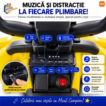 ATV de impins pentru copii Invincio Micul Campion OffRoad 2 in 1, 2-7 ani, maner parental, bara protectie si parasolar detasabile, Faruri functionale, panou muzical USB, suport picioare, max. 30 kg, Alb
