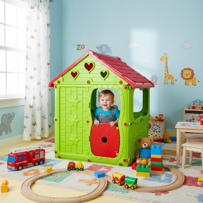 Casuta de joaca pentru copii Bezubi Kids FUN, colturi rotunjite, sigur si rezistent, interior/exterior, demontabila, cu usa si ferestre, design ergonomic, 2 locuri, varsta 1+ ani, dimensiuni 98x92x116 cm, verde