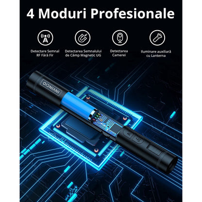 Detector camere si microfoane spion, Invincio, portabil, 12 nivele detectie cu indicator LED si sonor, detecteaza localizatoare GPS/GSM si reportofoane si alte surse ascunse, frecvente 100 micro HZ-8GHZ, lungime 13 cm, negru mat