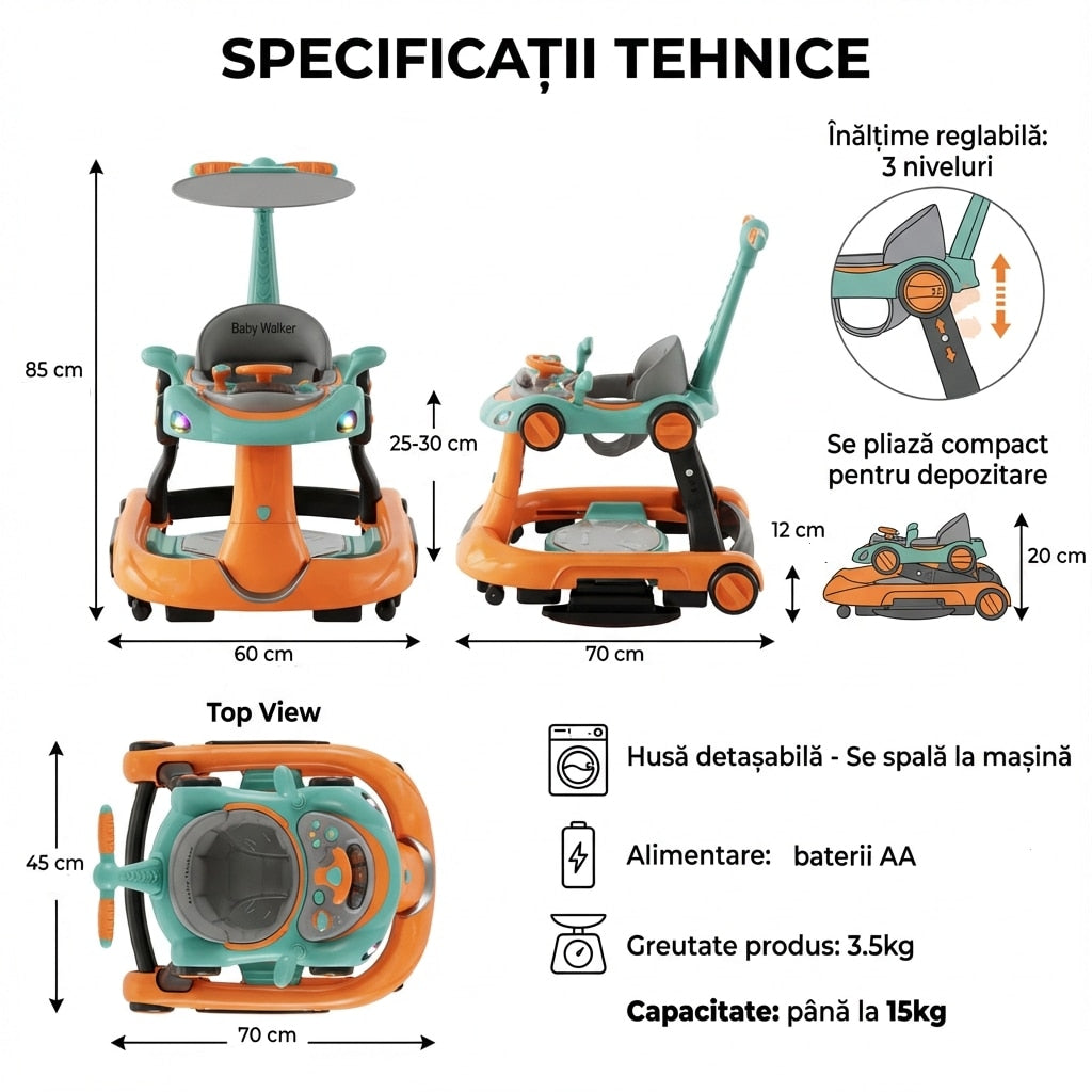 Premergator Invincio Micul Campion Driver, Lumini si 5 Melodii educationale in Limba Romana, multifunctional, antemergator, umbrar si maner control parental, reglabil pe inaltime, roti cu frana de siguranta, Portocaliu Turcoaz