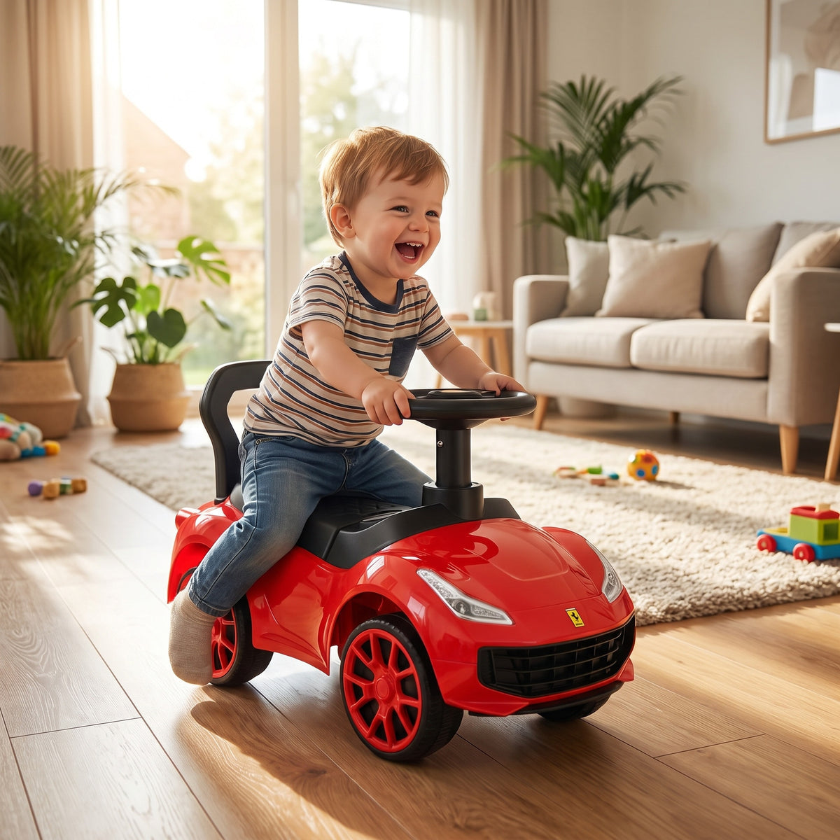 Masina Ride-on INVINCIO Red Speed, pentru copii 2-5 ani, cu muzica si faruri functionale, spatar de siguranta, spatiu depozitare sub scaun, roti late si stabile, rosu ferrari