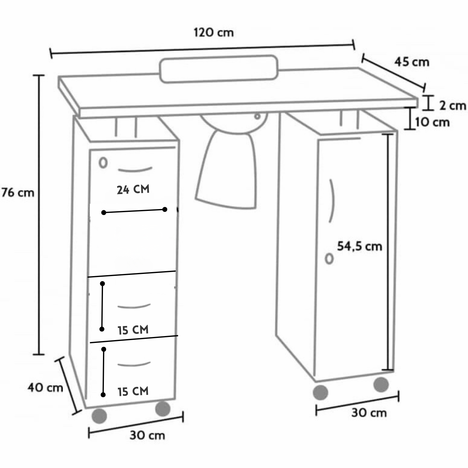Masa manichiura profesionala INVINCIO™ Elegant Nails, cu aspirator praf silentios, dimensiuni 120x45x76 cm, 3 sertare, dulap lateral cu 3 rafturi, roti pivotante, blat hipoalergenic, alb