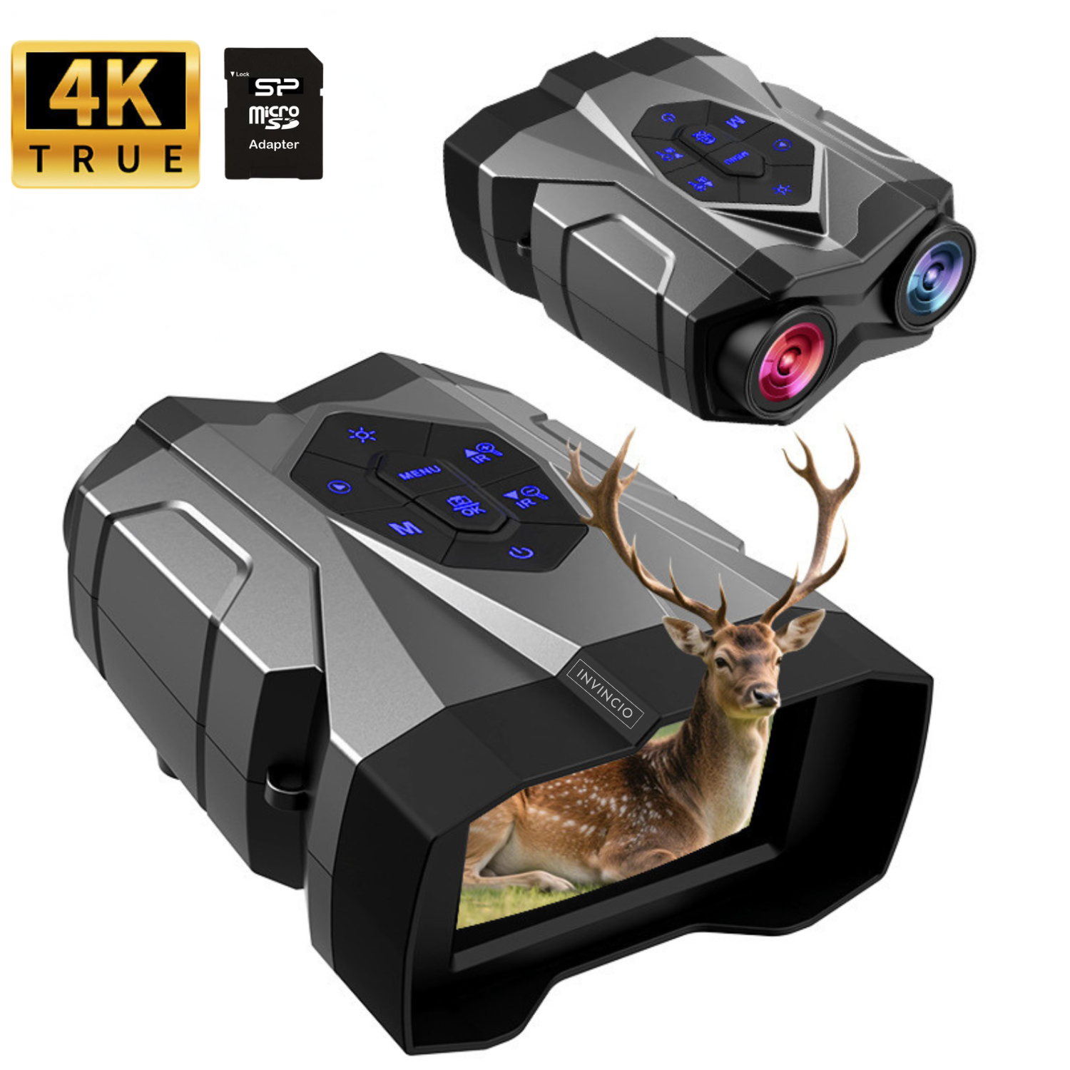 Binoclu cu vedere nocturna, Invincio Explorer, 4K, Zoom 16x, autonomie +12H 5000mAh, ecran color HD 4.5”, mod zi/noapte, inregistrare video 4K cu sunet, card 32GB inclus, 9 nivele infrarosu, rezistent la apa, negru