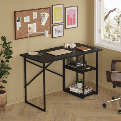 Birou de Calculator Bezubi Vienna, Design Modern, 2 Rafturi Laterale pentru Depozitare, Blat cu Finisaj Stejar, Cadru Metalic Negru, Compact si Robust, Dimensiuni 120x60x76 cm, Usor de Asamblat, negru