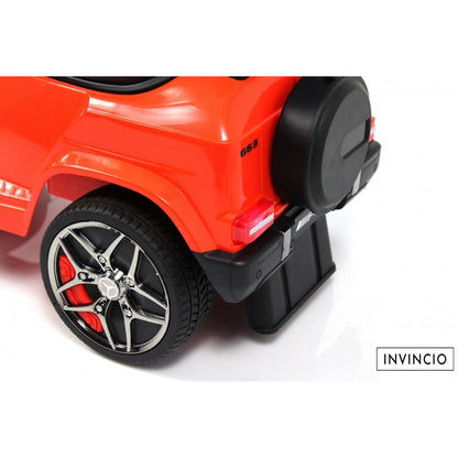 Masina de copii Invincio Mercedes G Class, Muzica si Lumini, Functie de balansoar, Depozitare sub sezut, masinuta cu spatar, Rosu racing