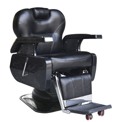 Scaun profesional pentru frizierie Invincio ProBarber 2, versatil, materiale premium, structura otel cromat, disc galvanizat, piston hidraulic, rotire la 360 de grade, spatar rabatabil, inaltime reglabila, piele ecologica, negru mat
