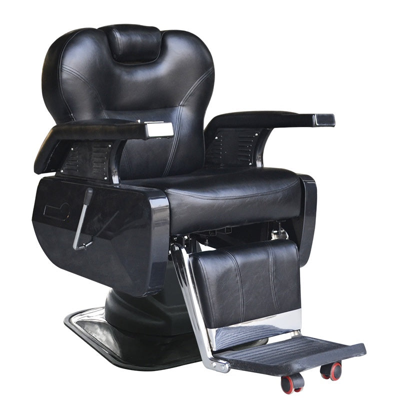 Scaun profesional pentru frizierie Invincio ProBarber 2, versatil, materiale premium, structura otel cromat, disc galvanizat, piston hidraulic, rotire la 360 de grade, spatar rabatabil, inaltime reglabila, piele ecologica, negru mat