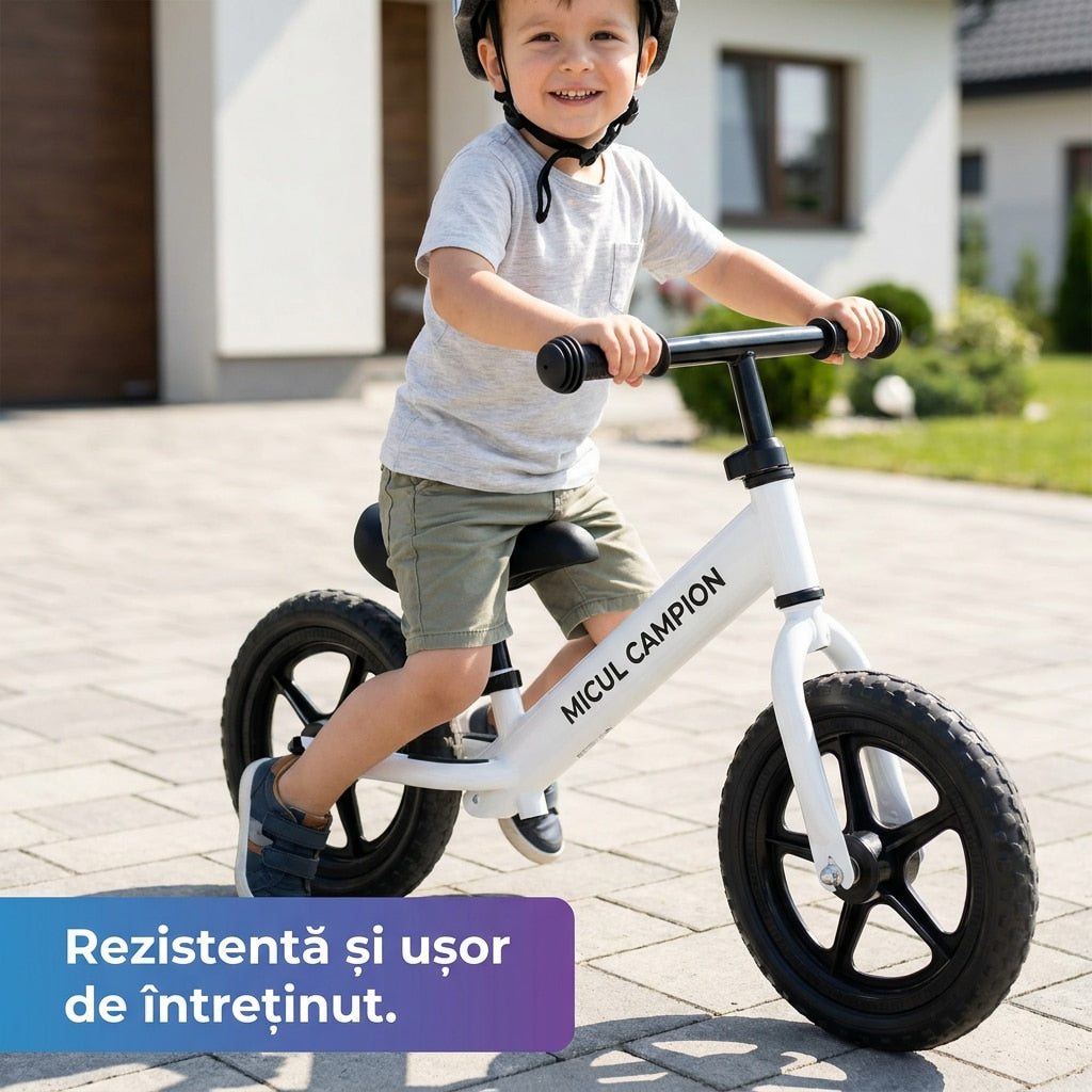 Bicicleta Fara Pedale, Invincio Micul Campion, pentru Copii 3-6 Ani, Roti EVA Anti-Pana, Scaun si Ghidon Reglabil, Cadru Otel Usor, Manere Antialunecare – Perfecta pentru Echilibru si Coordonare, Capacitate Maxima 30 de kg, Alba