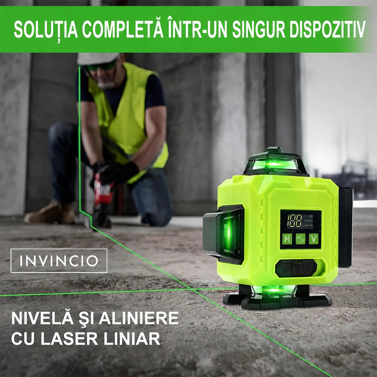 Nivela cu laser verde INVINCIO 4D cu telecomanda, 16 linii orizontal, vertical, perimetral, trepied si prindere magnetica, cumpana uz interior si exterior, auto-nivelare +/-3grade, rotire 360 grade, 2 acumulatori de schimb