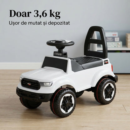Masinuta Invincio RideOn Ranger, fara pedale, pentru copii 12+ luni, volan cu buton pentru muzica si lumini, spatar siguranta, compartiment depozitare, design tip masina de teren, 4 roti stabile, alba