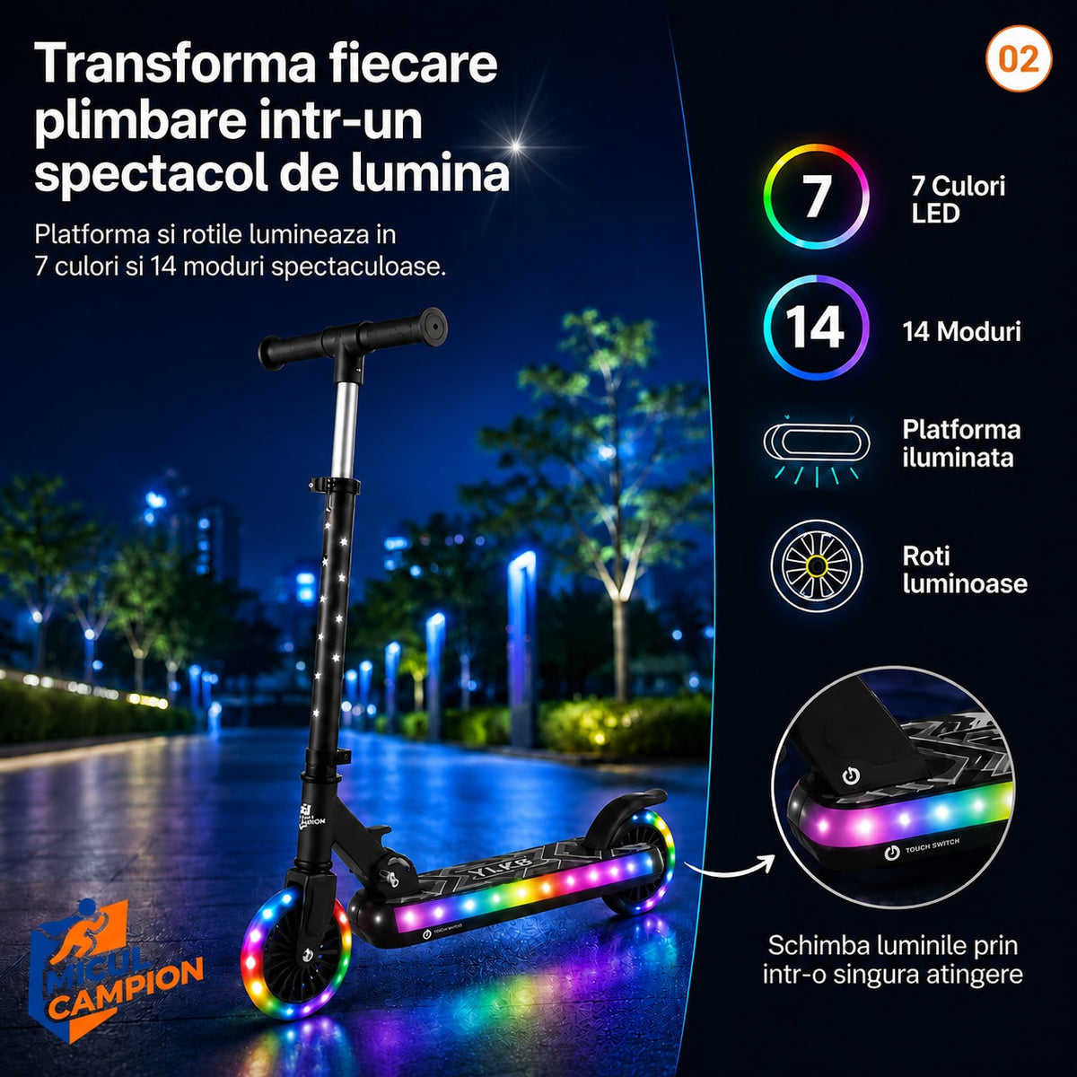 Trotineta copii LED Invincio Micul Campion Pilot, 2-10 ani, pliabila, 2 roti, 7 culori LED, 14 moduri iluminare, platforma anti-derapanta, roti luminoase, ghidon reglabil 3 nivele 76-87 cm, frana spate, cadru rezistent si usor suporta pana la 30kg, Negru