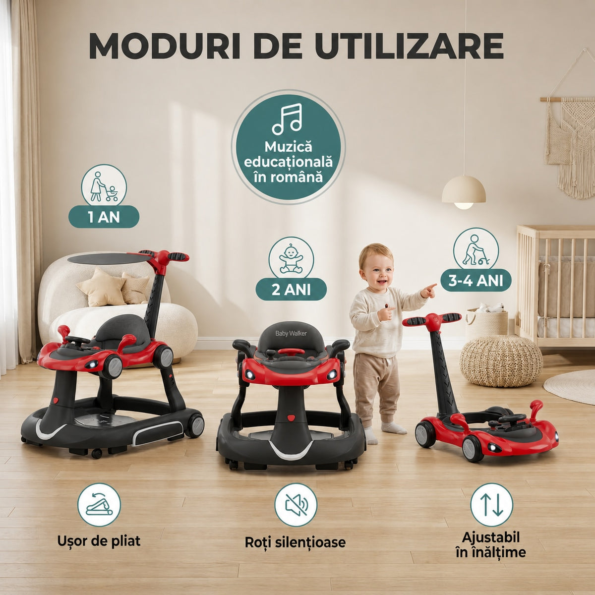 Premergator Invincio Micul Campion Driver, Lumini si 5 Melodii educationale in Limba Romana, multifunctional, antemergator, umbrar si maner control parental, reglabil pe inaltime, roti cu frana de siguranta, Rosu Negru