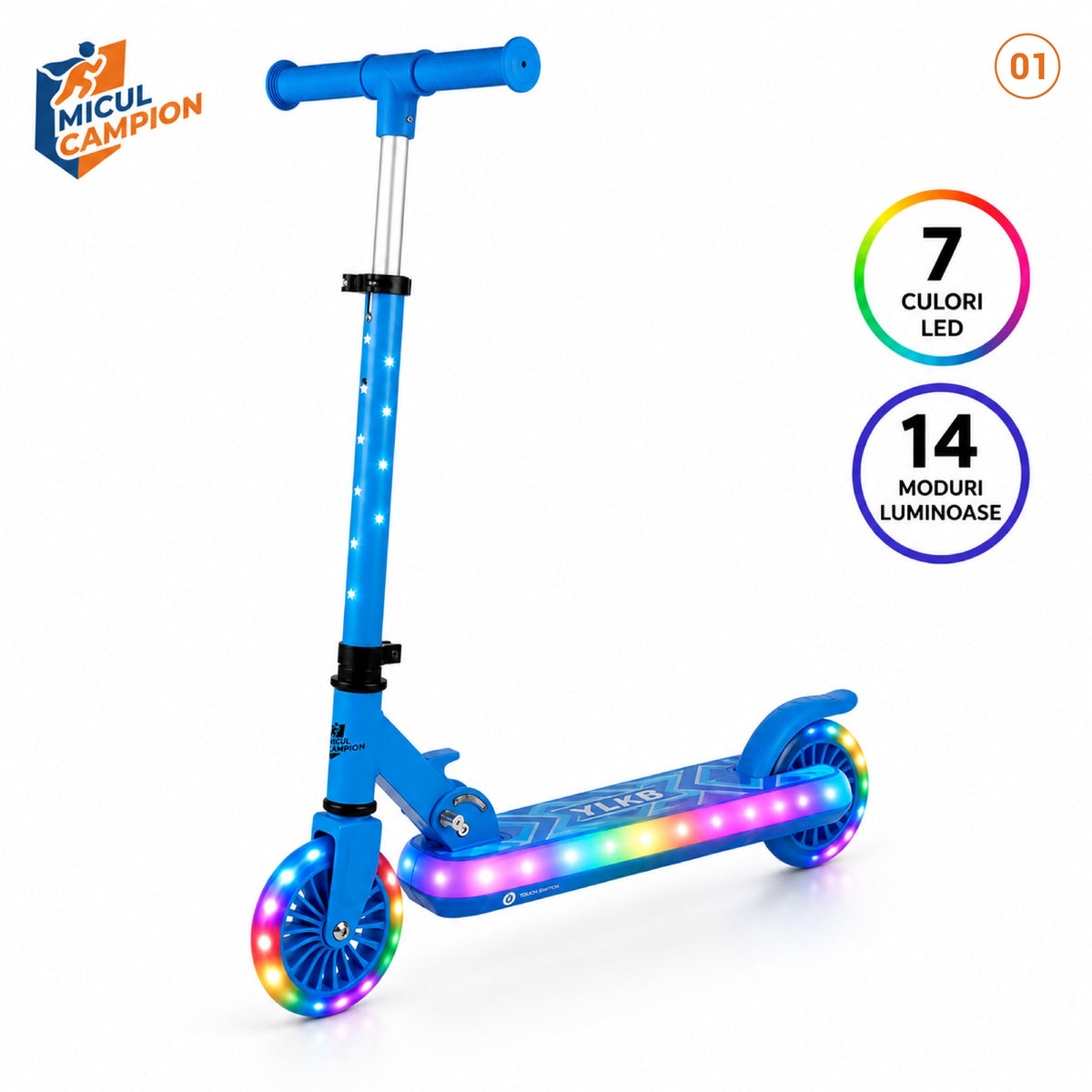 Trotineta copii LED Invincio Micul Campion Pilot, 2-10 ani, pliabila, 2 roti, 7 culori LED, 14 moduri iluminare, platforma anti-derapanta, roti luminoase, ghidon reglabil 3 nivele 76-87 cm, frana spate, cadru rezistent si usor suporta 30kg, Albastra