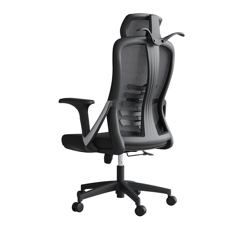 Scaun ergonomic de birou, Invincio, Nicolle-H, Spatar Mesh, Ajustare pe Inaltime, Tetiera Reglabila, Suport Lombar, Sezut Buretat, Cotiere in V Fixe, Baza PP 330mm, Roti 60mm, Negru