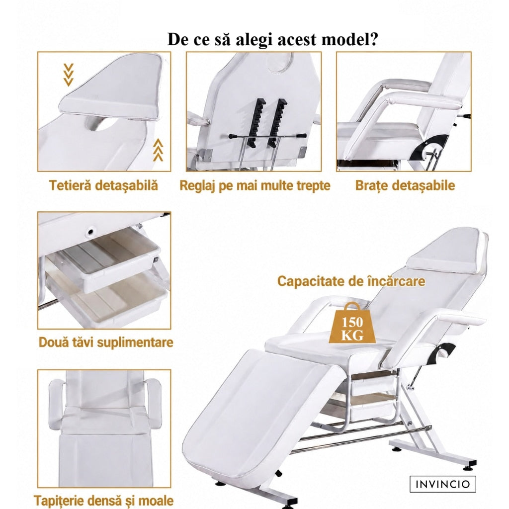 Pat Cosmetica reglabil INVINCIO Profesional, masa SPA, masaj, gene, tatuaje, scaun inclus, spatar si perna picioare reglabile, manere si perna cap detasabile, 2 sertare, 180x60cm, pana la 150kg, usor de curatat, piele ecologica alba