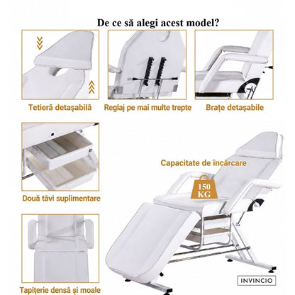 Pat Cosmetica reglabil INVINCIO Profesional, masa SPA, masaj, gene, tatuaje, scaun inclus, spatar si perna picioare reglabile, manere si perna cap detasabile, 2 sertare, 180x60cm, pana la 150kg, usor de curatat, piele ecologica alba
