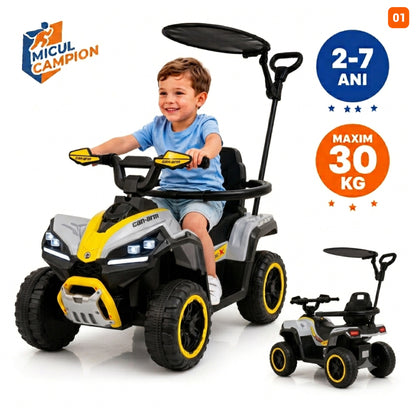 ATV de impins pentru copii Invincio Micul Campion OffRoad 2 in 1, 2-7 ani, maner parental, bara protectie si parasolar detasabile, Faruri functionale, panou muzical USB, suport picioare, max. 30 kg, Alb