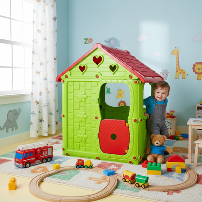 Casuta de joaca pentru copii Bezubi Kids FUN, colturi rotunjite, sigur si rezistent, interior/exterior, demontabila, cu usa si ferestre, design ergonomic, 2 locuri, varsta 1+ ani, dimensiuni 98x92x116 cm, verde