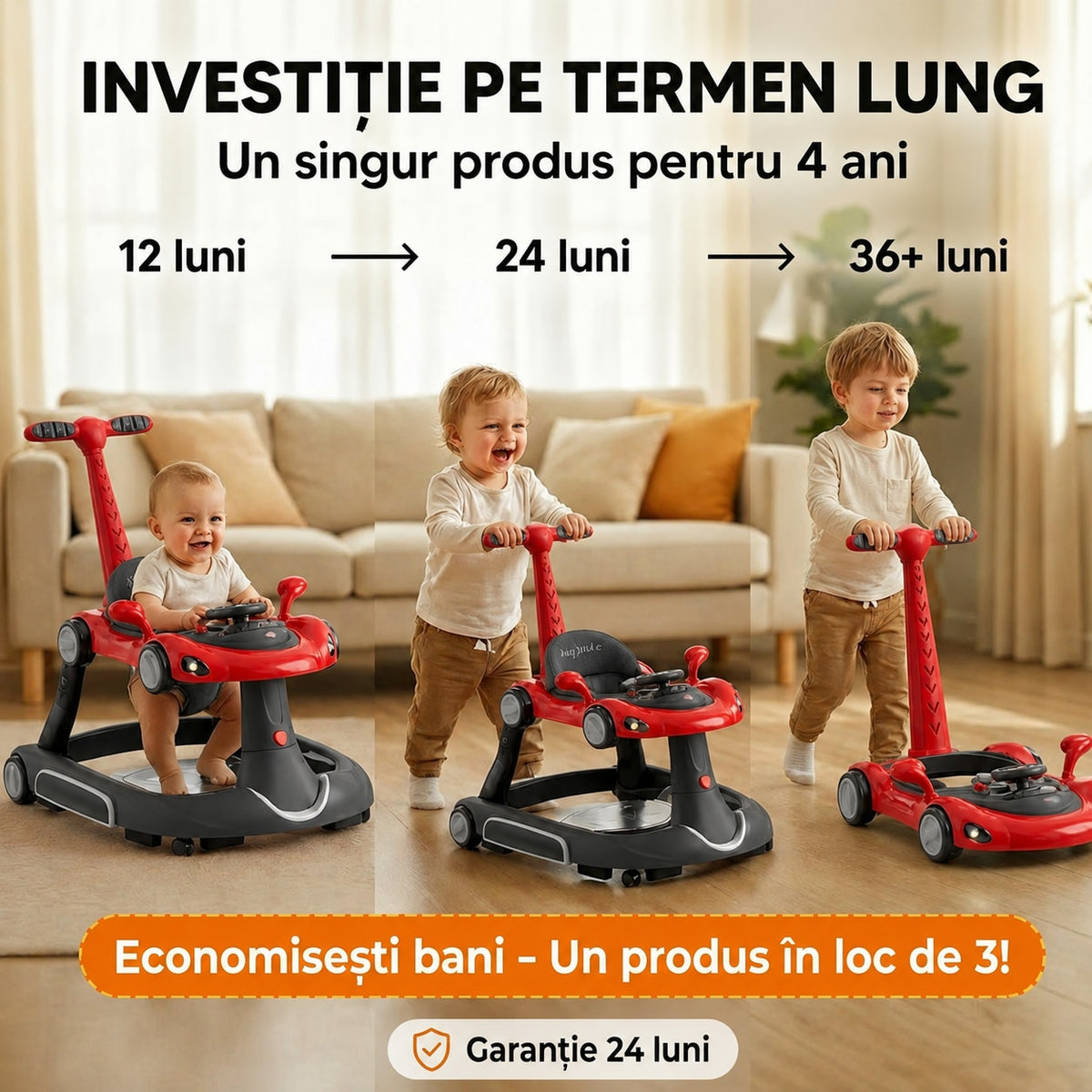 Premergator Invincio Micul Campion Driver, Lumini si 5 Melodii educationale in Limba Romana, multifunctional, antemergator, umbrar si maner control parental, reglabil pe inaltime, roti cu frana de siguranta, Rosu Negru