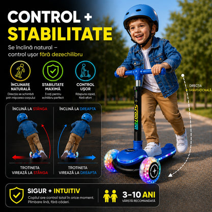 Trotineta 3 Roti Copii Invincio® Happy, 20 Moduri Iluminare LED RGB, Roti Luminoase PU silentioase si aderente, Ghidon Pliabil si Telescopic 3 Trepte, Stabilitate Maxima, Pana la 50kg, 3-10 Ani, Albastru Royal