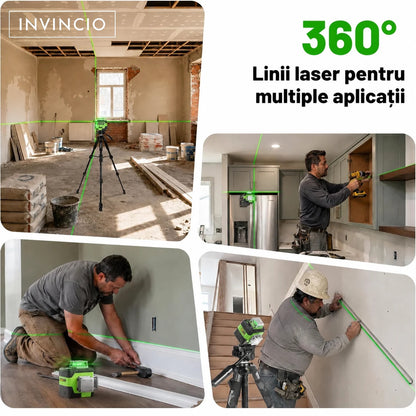 Nivela cu laser verde INVINCIO 4D cu telecomanda, 16 linii orizontal, vertical, perimetral, trepied si prindere magnetica, cumpana uz interior si exterior, auto-nivelare +/-3grade, rotire 360 grade, 2 acumulatori de schimb