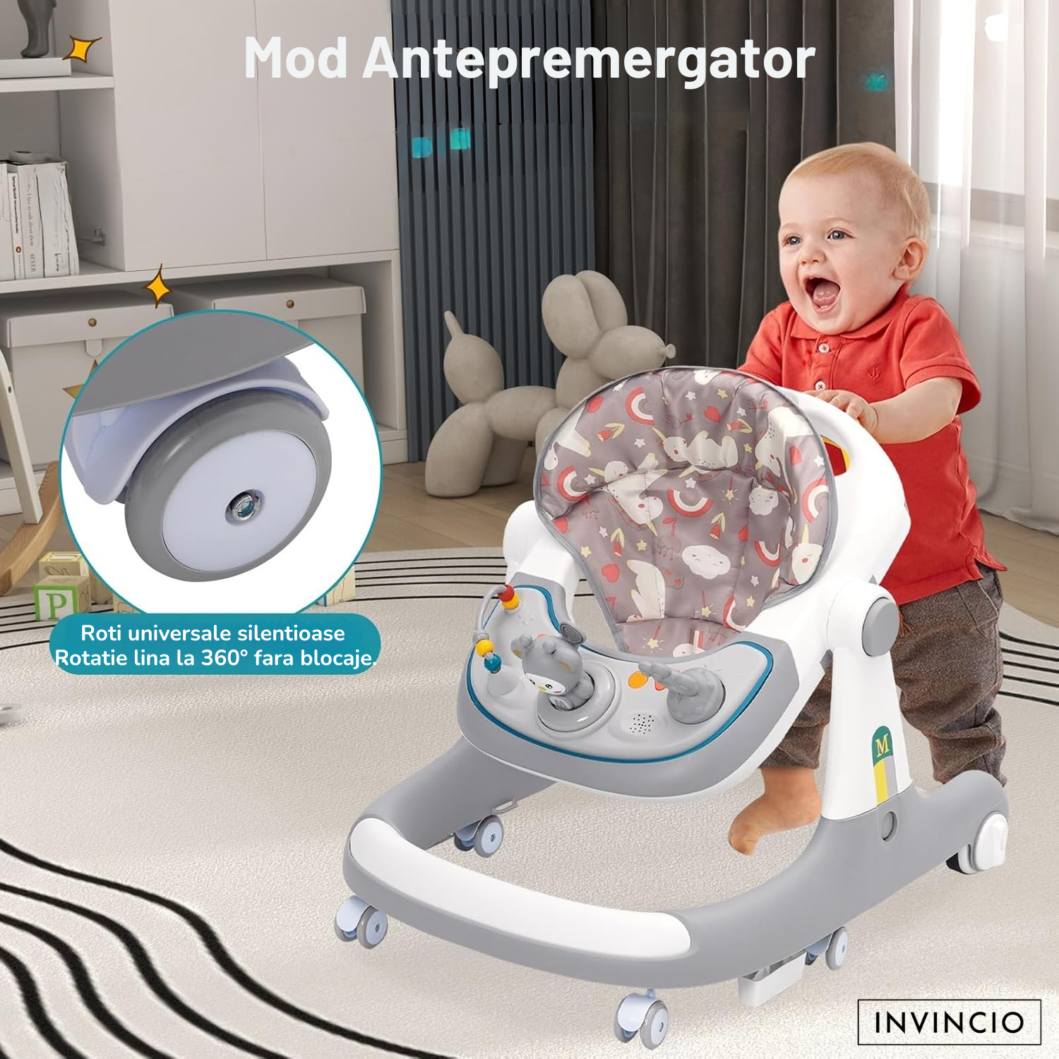 Premergator Invincio BabySteps 3 in 1, 6-24 luni, Multifunctional cu Protectie Anti-Rasturnare, Roti cu Frana, Masuta Detasabila, Centru Activitati Muzical – Pentru Baieti si Fetite, greutate maxima 30kg, gri