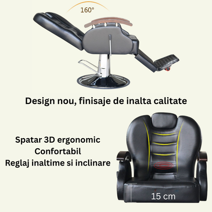 Scaun frizerie si barber shop Invincio™ Style, Rotire la 360 grade, Rabatabil 160 grade, Piston hidraulic actionat cu piciorul, Reglabil pe inaltime, Tetiera reglabila, Piele ecologica, Culoare Negru