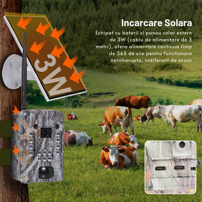 Camera Supraveghere Invincio Hunt, Full HD 1296P, Suporta SIM 4G, Panou Solar 3W, Vedere Noctura IR, Detectie Miscare Rapida 0.3s, rezistent la apa, Aplicatie Mobil, Slot micro SD, camuflaj