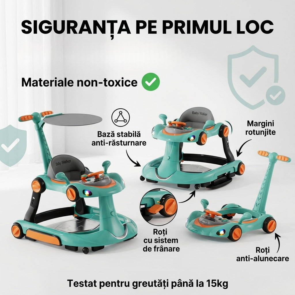 Premergator Invincio Micul Campion Driver, Lumini si 5 Melodii educationale in Limba Romana, multifunctional, antemergator, umbrar si maner control parental, reglabil pe inaltime, roti cu frana de siguranta, Portocaliu Turcoaz