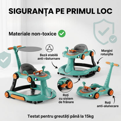 Premergator Invincio Micul Campion Driver, Lumini si 5 Melodii educationale in Limba Romana, multifunctional, antemergator, umbrar si maner control parental, reglabil pe inaltime, roti cu frana de siguranta, Portocaliu Turcoaz