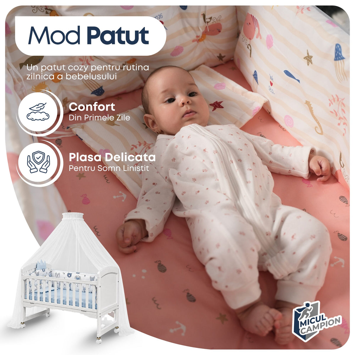 Patut 3 in 1 Invincio Vise Frumoase, pat bebelusi 0-2 ani, extensibil pentru copii 2-6 ani, Birou 6 ani+, Saltea Perna si Protectii Incluse, Plasa anti-tantari, Laterala culisanta pentru co-sleep langa patul parintilor, Balansoar, roti, alb-albastru
