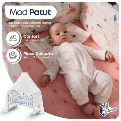 Patut 3 in 1 Invincio Vise Frumoase, pat bebelusi 0-2 ani, extensibil pentru copii 2-6 ani, Birou 6 ani+, Saltea Perna si Protectii Incluse, Plasa anti-tantari, Laterala culisanta pentru co-sleep langa patul parintilor, Balansoar, roti, alb-albastru