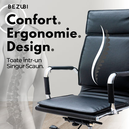 Scaun de birou Bezubi Manager, confortabil, pivotant, ergonomic cu spatar inalt, reglabil pe inaltime si inclinare, tapitat piele ecologica premium, suport pentru brate, cadru cromat, roti silentioase, negru