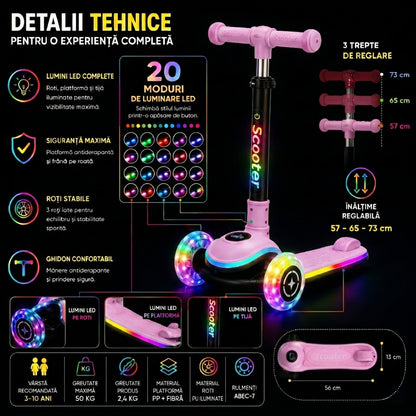 Trotineta cu 3 Roti pentru Copii Invincio® Happy, Lumini LED Interactive pe Platforma, Roti si Tija, Ghidon pliabil si Reglabil pe inaltime, Mecanism Inclinare naturala, 3-10 Ani, Roz Pastel