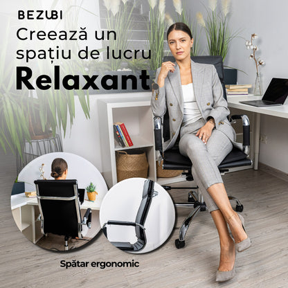 Scaun de birou Bezubi Manager, confortabil, pivotant, ergonomic cu spatar inalt, reglabil pe inaltime si inclinare, tapitat piele ecologica premium, suport pentru brate, cadru cromat, roti silentioase, negru