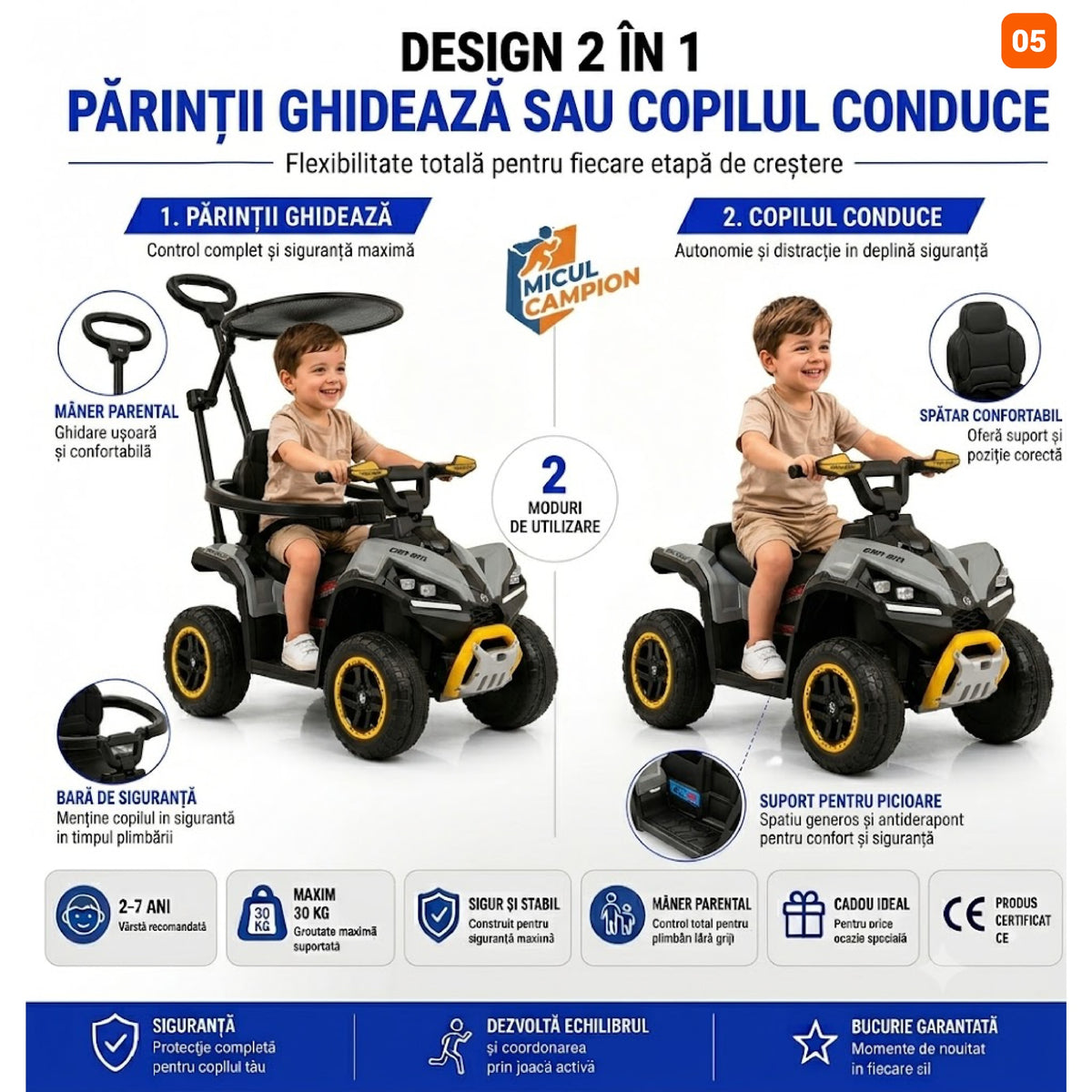 ATV de impins pentru copii Invincio Micul Campion OffRoad 2 in 1, 2-7 ani, maner parental, bara protectie si parasolar detasabile, Faruri functionale, panou muzical USB, suport picioare, max. 30 kg, Alb
