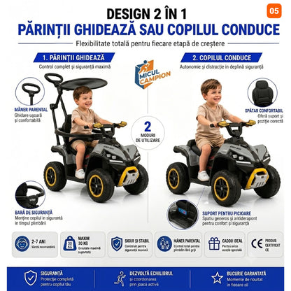 ATV de impins pentru copii Invincio Micul Campion OffRoad 2 in 1, 2-7 ani, maner parental, bara protectie si parasolar detasabile, Faruri functionale, panou muzical USB, suport picioare, max. 30 kg, Alb
