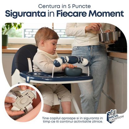 Scaun de Masa Bebelusi INVINCIO Care, Pliabil, 6 Luni +, Stabil si Multifunctional, Spatar si Inaltime Reglabile, Centura Siguranta 5 Puncte, Tavita si Husa Detasabile Lavabile, Roti, Balansoar, Cos Depozitare, Picioare Antiderapante, Roz