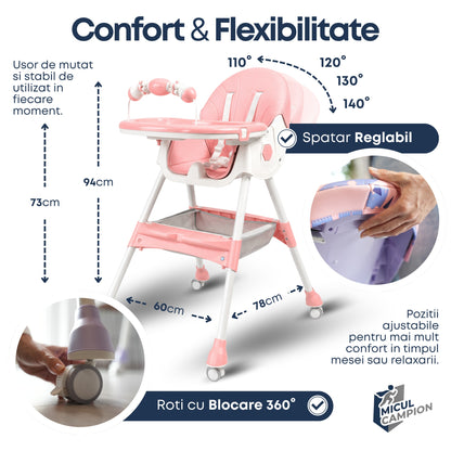 Scaun de Masa Bebelusi INVINCIO Care, Pliabil, 6 Luni +, Stabil si Multifunctional, Spatar si Inaltime Reglabile, Centura Siguranta 5 Puncte, Tavita si Husa Detasabile Lavabile, Roti, Balansoar, Cos Depozitare, Picioare Antiderapante, Roz