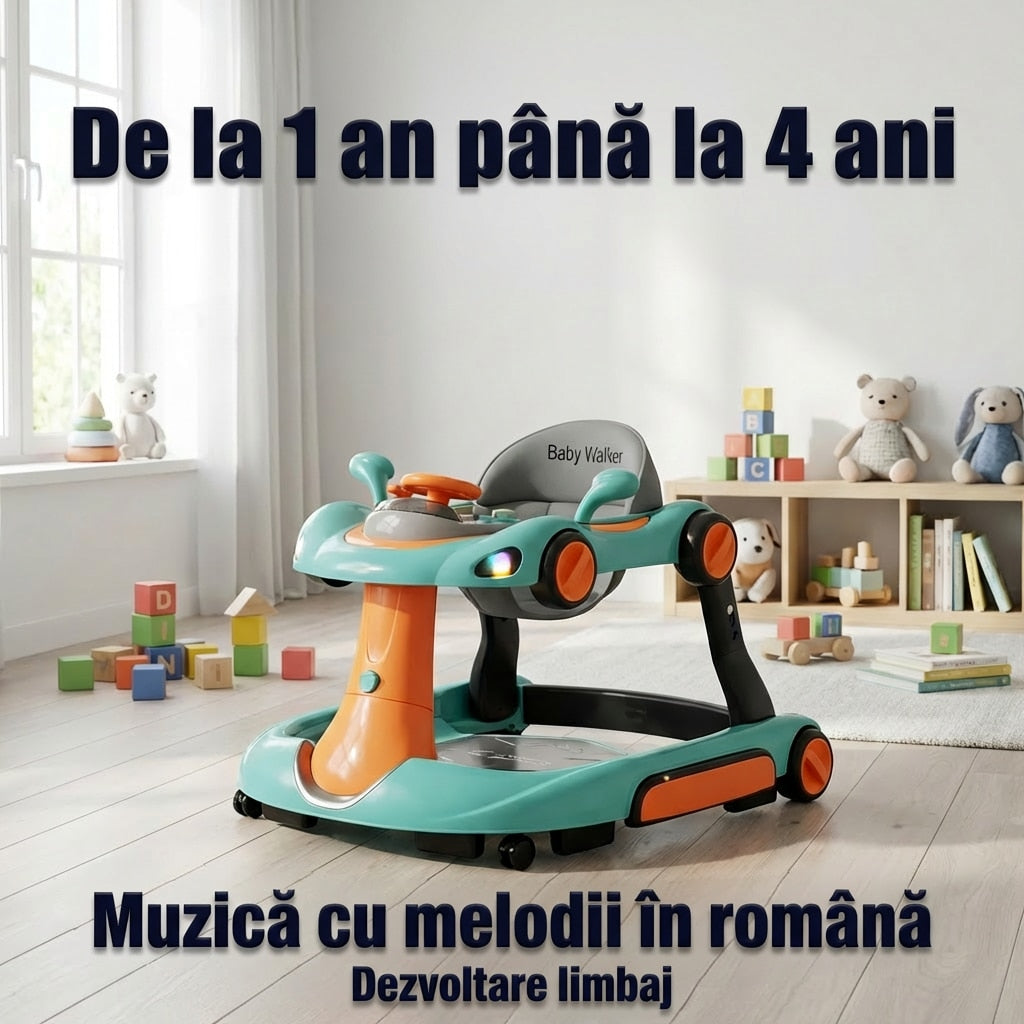 Premergator Invincio Micul Campion Driver, Lumini si 5 Melodii educationale in Limba Romana, multifunctional, antemergator, umbrar si maner control parental, reglabil pe inaltime, roti cu frana de siguranta, Portocaliu Turcoaz