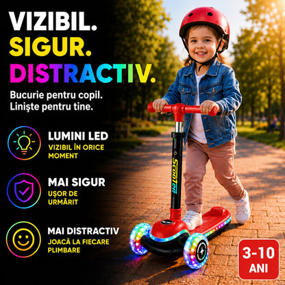 Trotineta Copii 3 Roti Invincio® Happy, Editie cu Lumini LED Complete (Roti/Platforma/Tija), Control Intuitiv prin Inclinare, Materiale Premium Durabile, 3-10 Ani, Rosu Vibrant