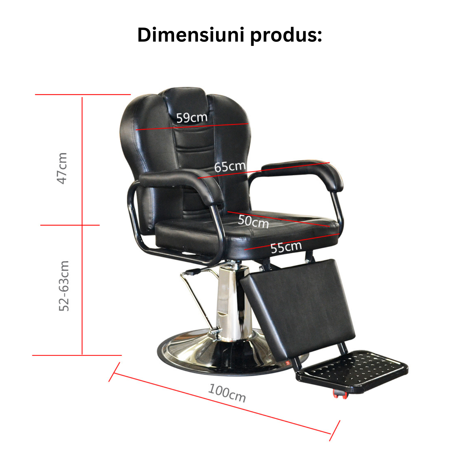 Scaun profesional pentru frizerie si barber shop Invincio™ Plus 2, Rotire la 360 grade, Rabatabil 160 grade, Piston hidraulic, Reglabil pe inaltime, Tetiera reglabila, Piele ecologica, Culoare Negru