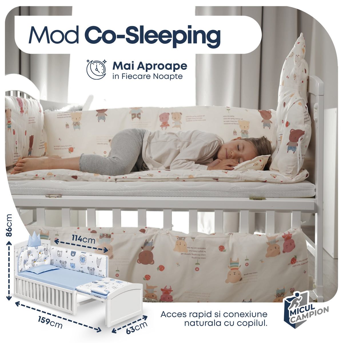 Patut 3 in 1 Invincio Vise Frumoase, pat bebelusi 0-2 ani, extensibil pentru copii 2-6 ani, Birou 6 ani+, Saltea Perna si Protectii Incluse, Plasa anti-tantari, Laterala culisanta pentru co-sleep langa patul parintilor, Balansoar, roti, alb-albastru