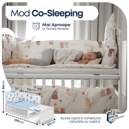 Patut 3 in 1 Invincio Vise Frumoase, pat bebelusi 0-2 ani, extensibil pentru copii 2-6 ani, Birou 6 ani+, Saltea Perna si Protectii Incluse, Plasa anti-tantari, Laterala culisanta pentru co-sleep langa patul parintilor, Balansoar, roti, alb-albastru