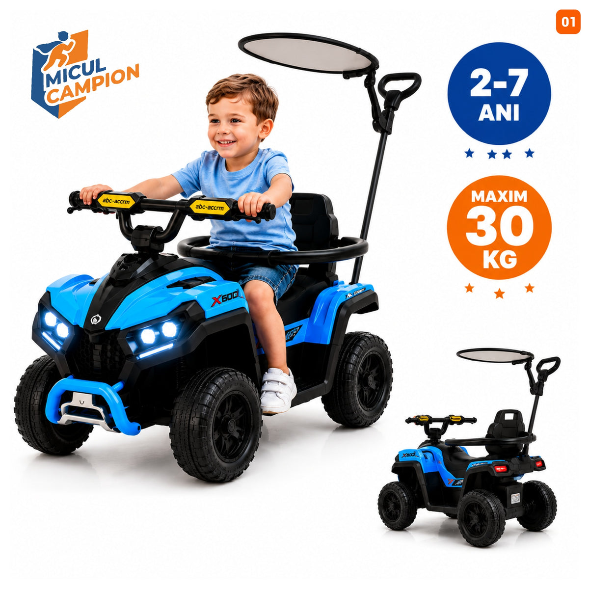 ATV de impins pentru copii Invincio Micul Campion OffRoad 2 in 1, 2-7 ani, maner parental, bara protectie si parasolar detasabile, Faruri functionale, panou muzical USB, suport picioare, max. 30 kg, Albastru