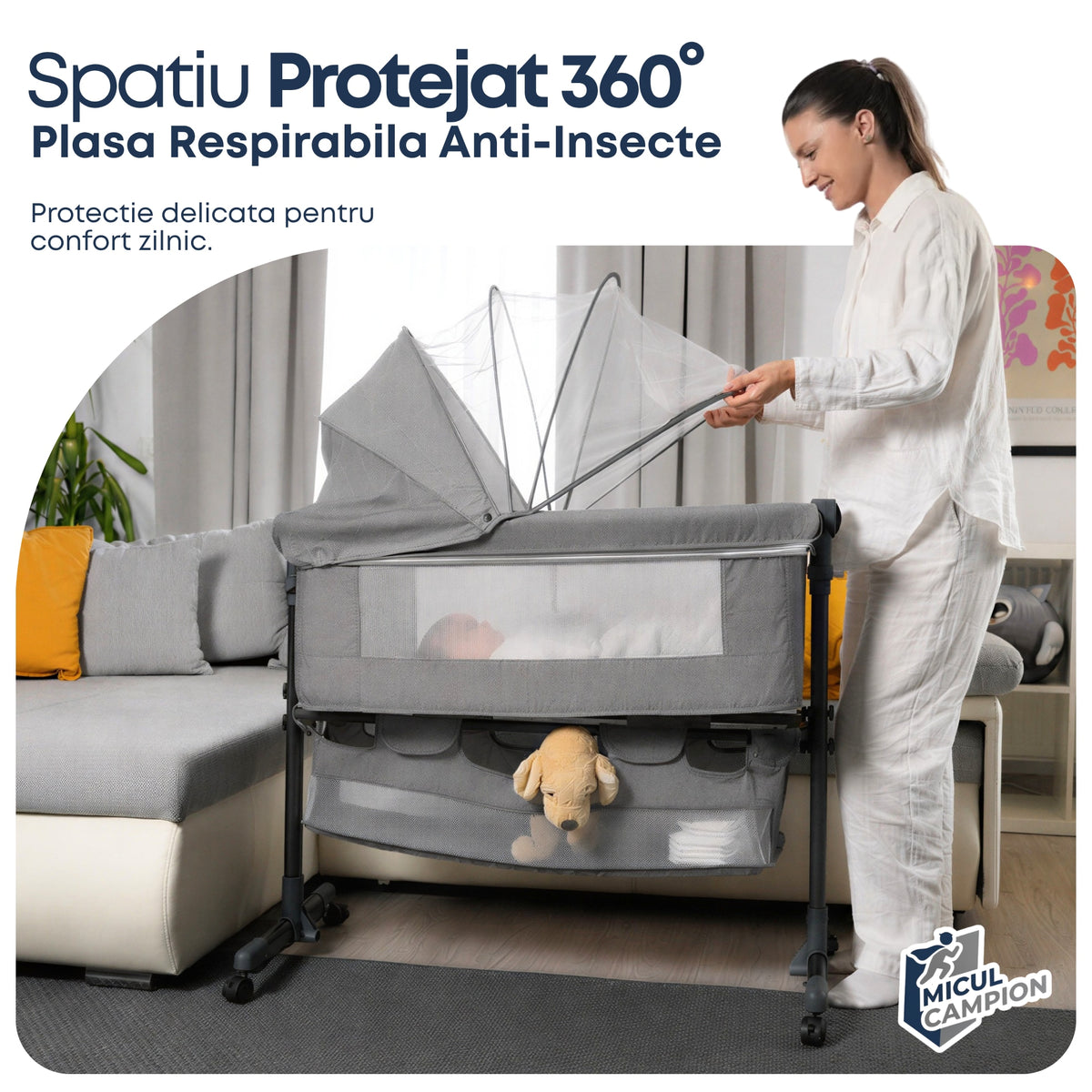 Pat nou-nascut Invincio Dream, Patut bebelus pliabil si portabil, Functie Co-Sleeper si Leganare, Saltea si plasa anti-tantari incluse, Inaltime Reglabila 2 Pozitii si inclinare anti-reflux, Cos Depozitare, Roti cu Blocare, 95×60×80cm, Pana la 15kg, Gri