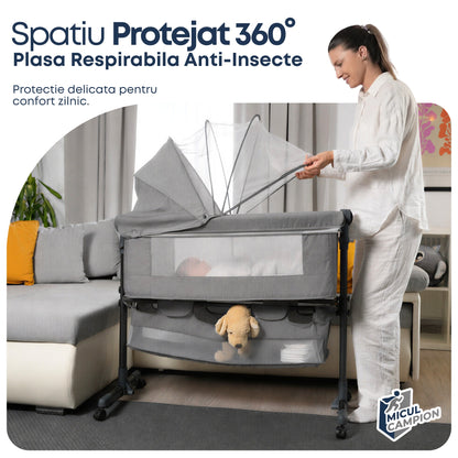 Pat nou-nascut Invincio Dream, Patut bebelus pliabil si portabil, Functie Co-Sleeper si Leganare, Saltea si plasa anti-tantari incluse, Inaltime Reglabila 2 Pozitii si inclinare anti-reflux, Cos Depozitare, Roti cu Blocare, 95×60×80cm, Pana la 15kg, Gri